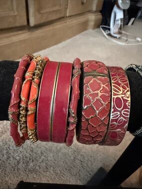 Stacked Red Resin and Gold Accent Bangle Set - Women Jewelry